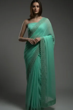 Pista Zari thread mirror Diamond Work Saree