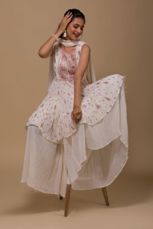 Cream Threadwork Georgette Readymade Sharara Suit