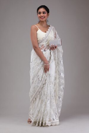White Threadwork Net Saree