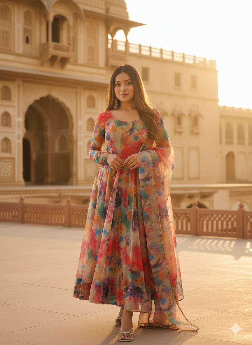 Women’s Georgette Floral Printed Fit and Flare Anarkali Kurta with Dupatta – Graceful Elegance for Every Occasion