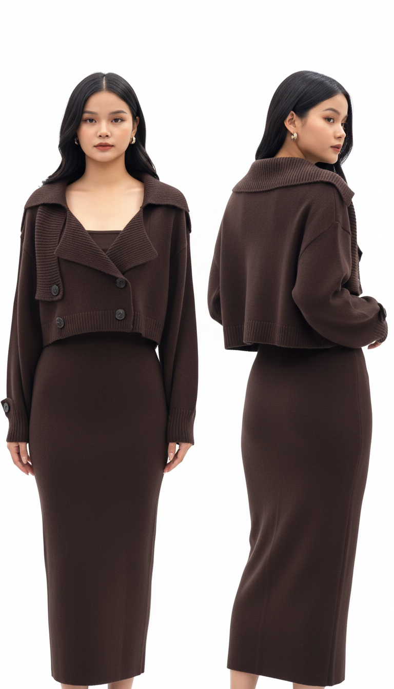 Open Front Long Sleeve Cardigan and Side Slit Cami Dress Set – Chic & Comfortable Women's Outfit