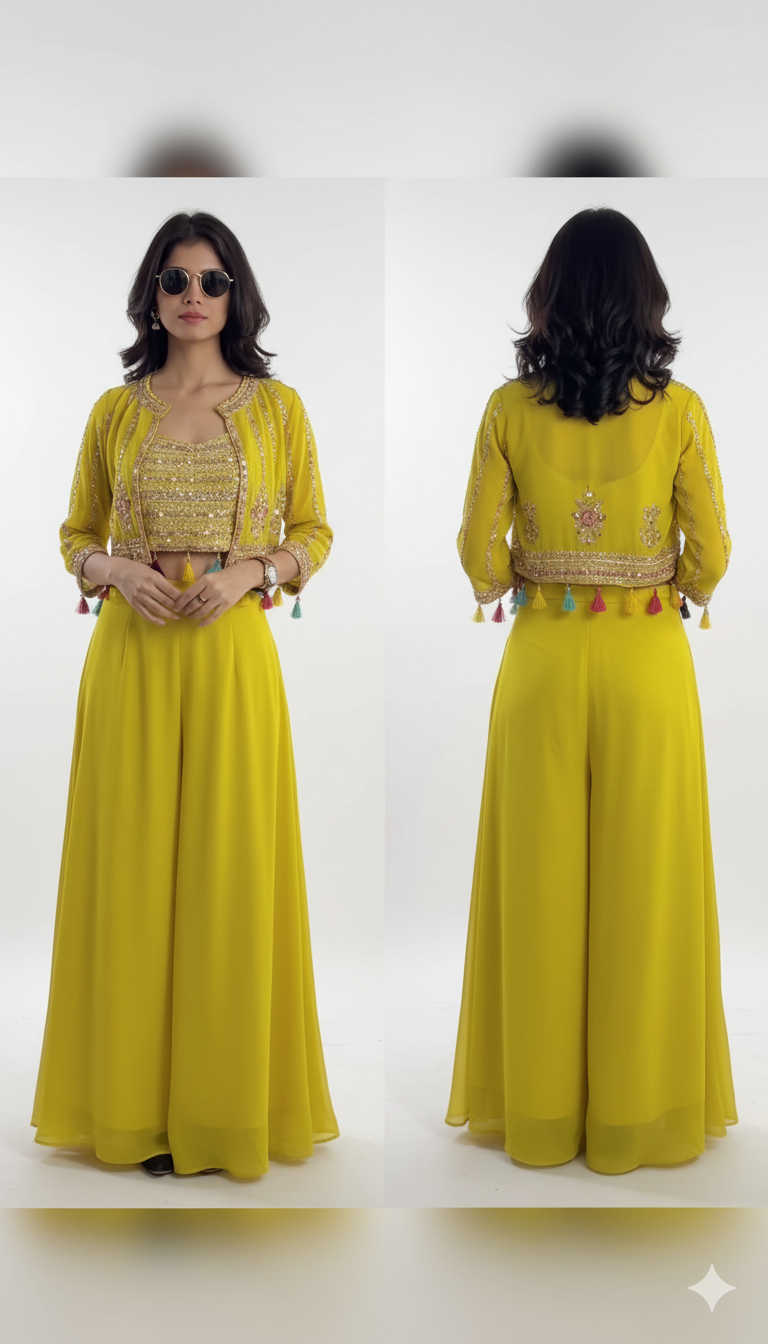 Girls Woven Design Embroidered Kurta with Palazzo & Jacket – Stylish Ethnic Set for Young Girls