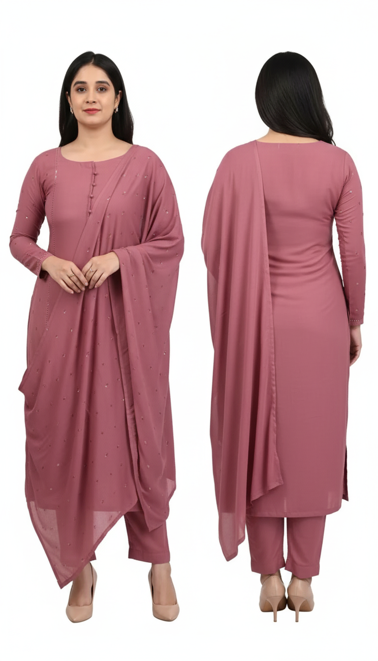 Micro Print Straight Kurta Set with Dupatta – Elegant Ethnic Ensemble for Women