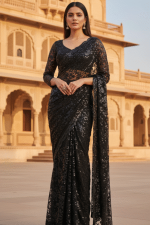 Embroidered & Embellished Self-Design Bollywood Georgette Saree – Glamorous Ethnic Wear