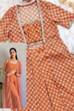Burnt Orange Printed Mirrorwork Crop Top Jacket Set