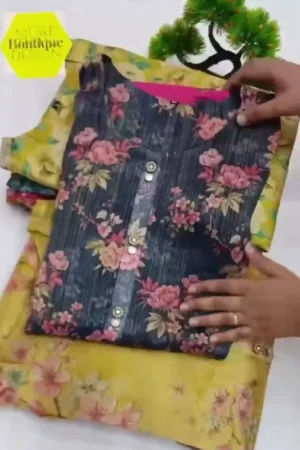 Women Floral Print Cotton Pink Silk Kurta Set