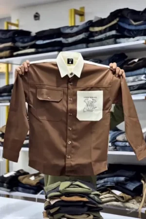 Men Casual Brown V-Shaped Front Yoke Shirt