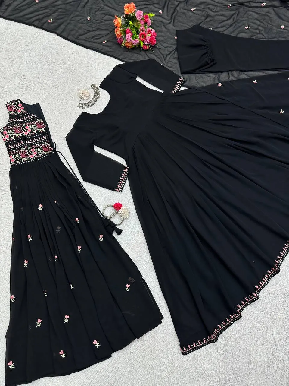 Black Faux Georgette Sequence Work Straight Suit - Image 5